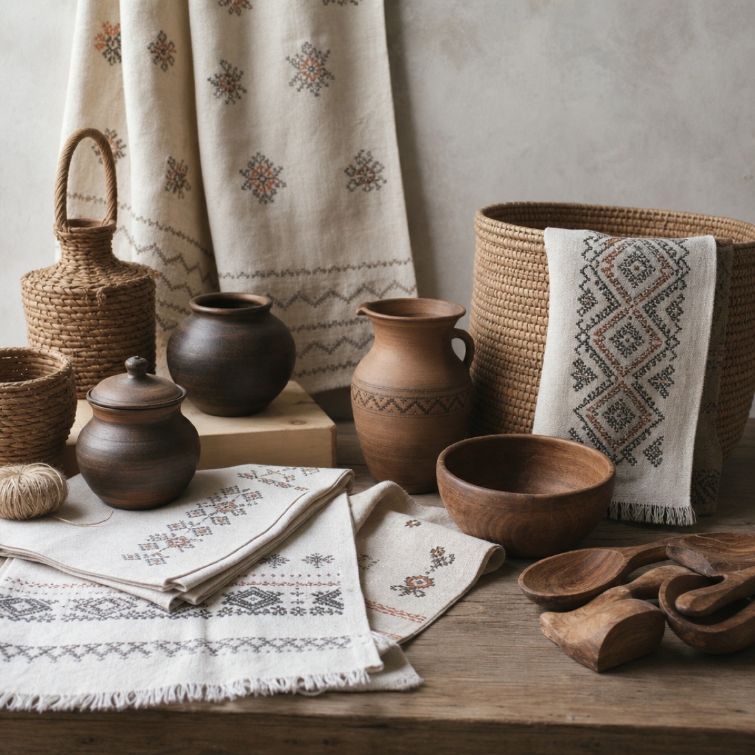 Embroidered linen textiles, ceramic pottery, woven baskets and wooden kitchenware