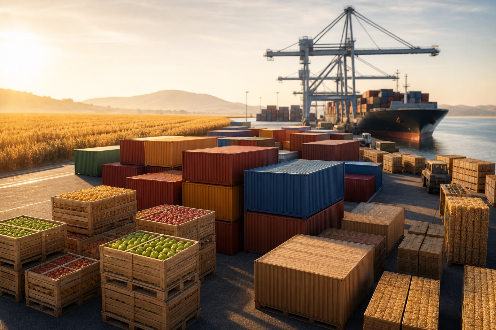 Export goods, shipping containers and a grain field at a commercial port