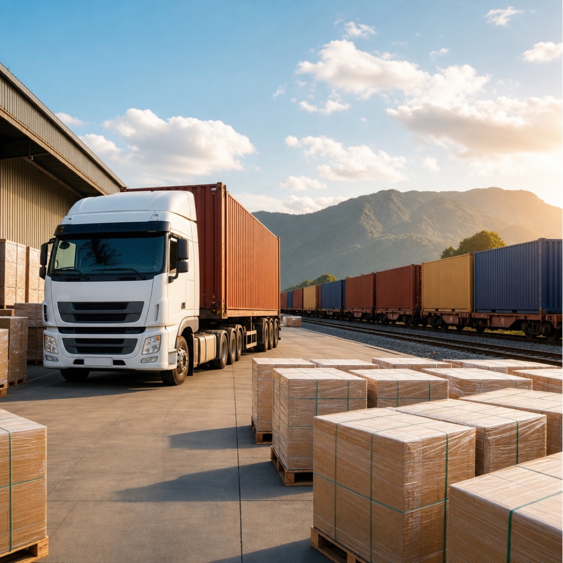 Cargo truck and freight train with export pallets at a distribution terminal