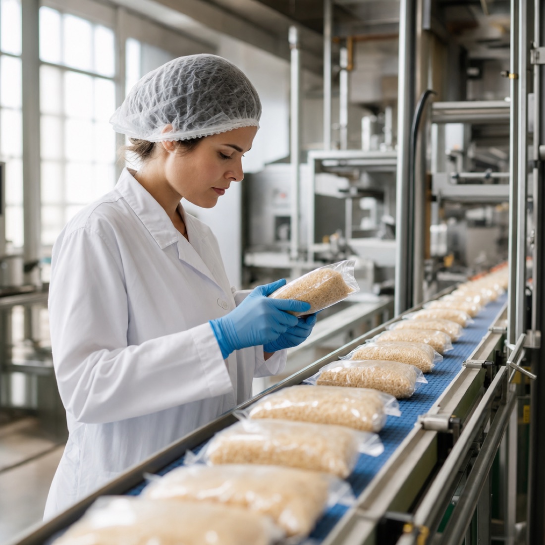 Worker in a hygienic coat and gloves inspecting packaged goods on a food production line
