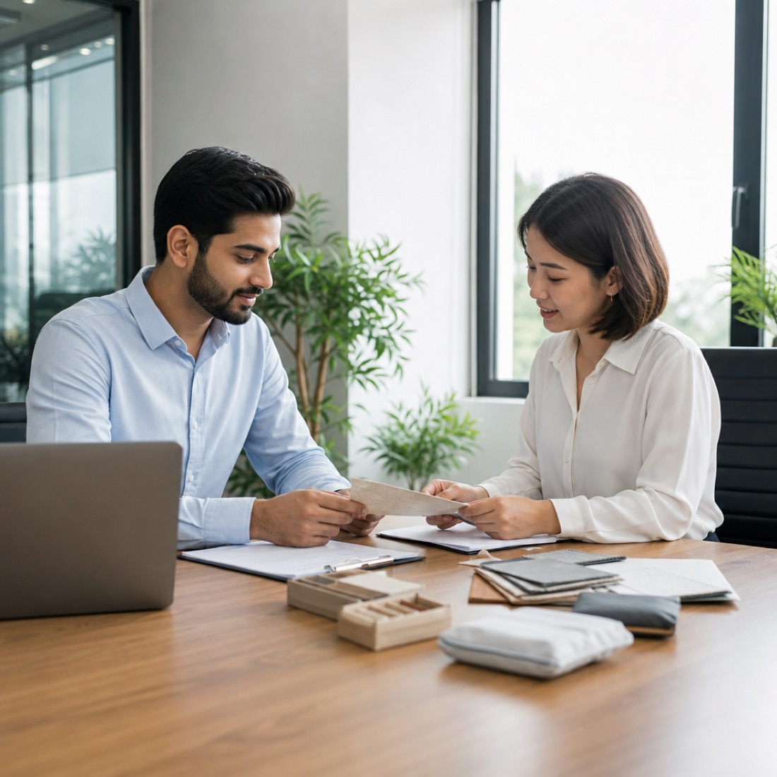 Two professionals reviewing export documents and product samples at a desk
